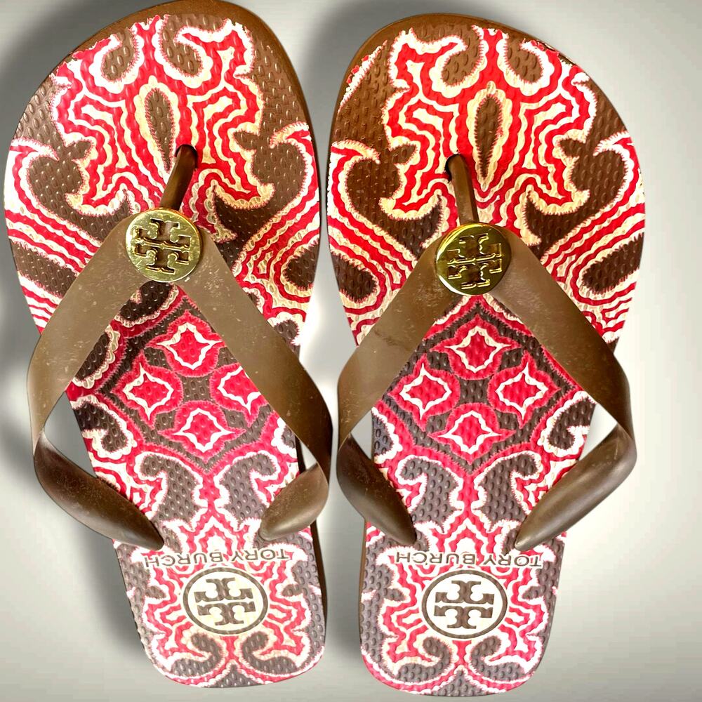 Size 5 TORY BIRCH Multicolor Women's Brown Red Flip Flop Sandals